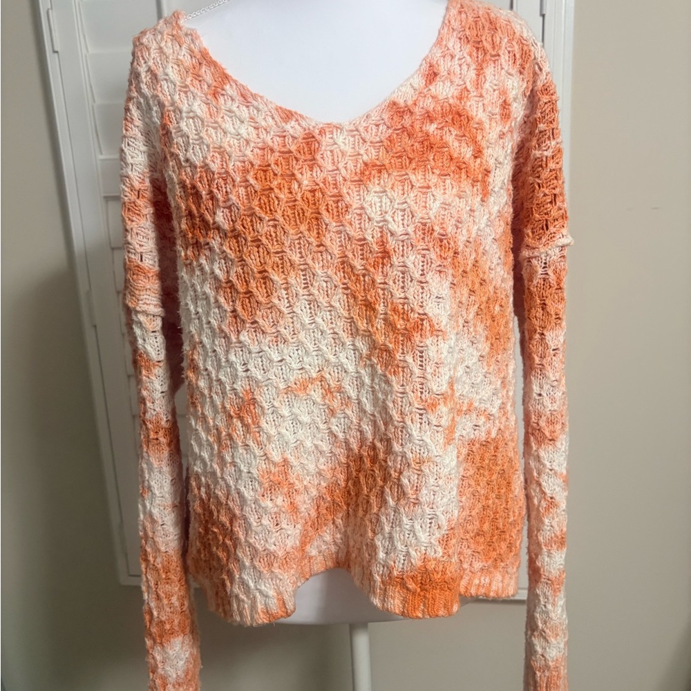 Orange and White Textured Knit Sweater